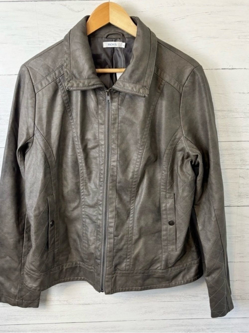 NWT Ricki’s Faux Leather Zip Front Jacket Quilted Greyish Brown 14